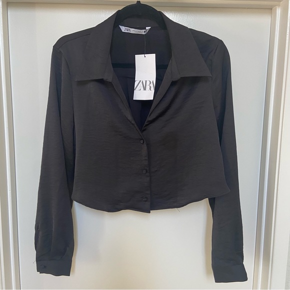NWT Zara Satin Effect Cropped Button Up Blouse - Picture 4 of 6
